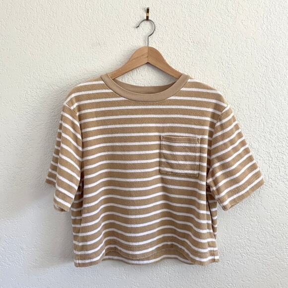 Gap Towel Terry Boxy Cropped T-Shirt Neutral Tan Stripe Soft Cotton Blend Coast - Picture 1 of 9